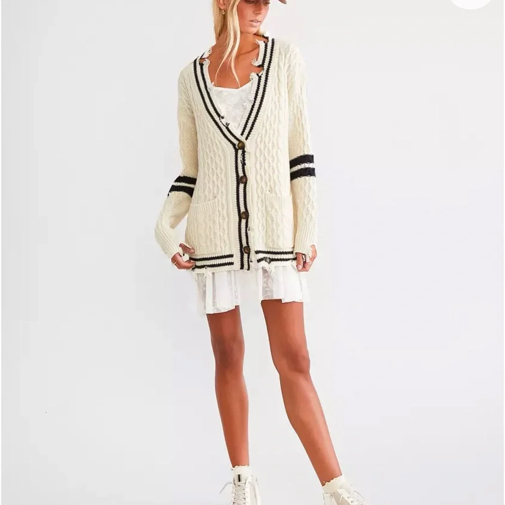 NWT Gilded Intent Destructed Oversized Cream and Black Cardigan Sweater - Picture 1 of 6